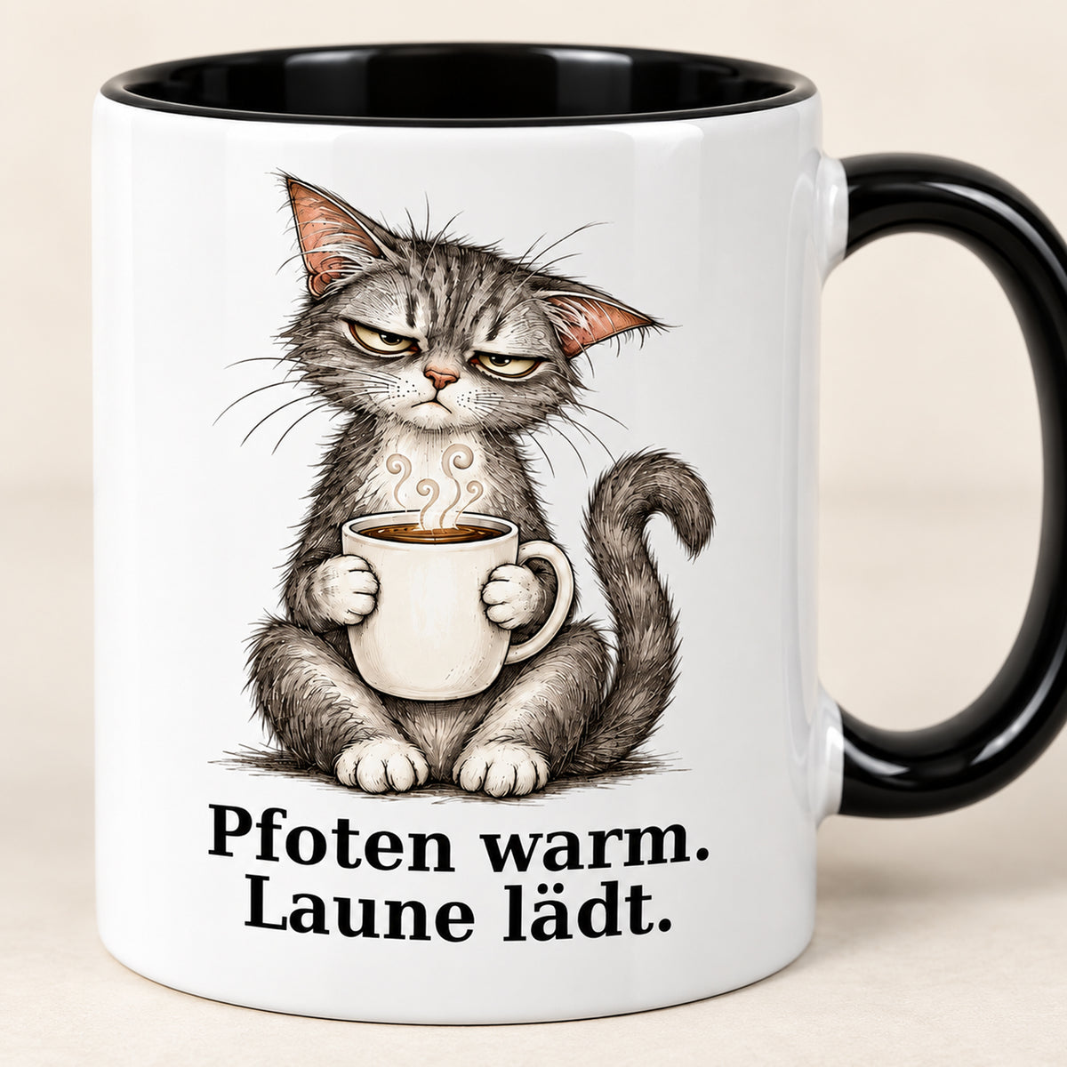 Laune lädt – Motivdetail: weiße Katzentasse mit schwarzem Henkel und Kaffeespruch