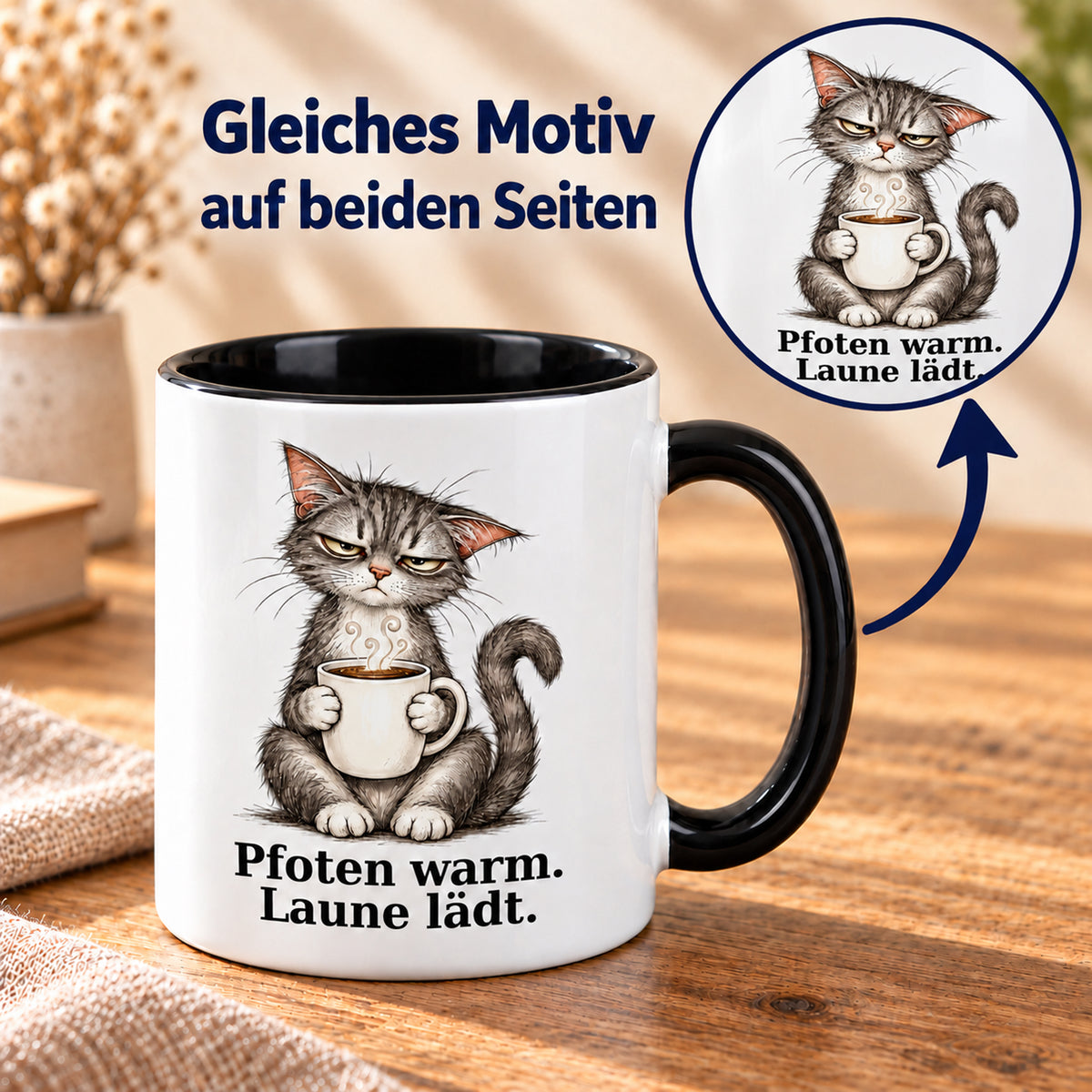 Laune lädt – Beidseitiger Druck: weiße Katzentasse mit schwarzem Henkel und Kaffeespruch