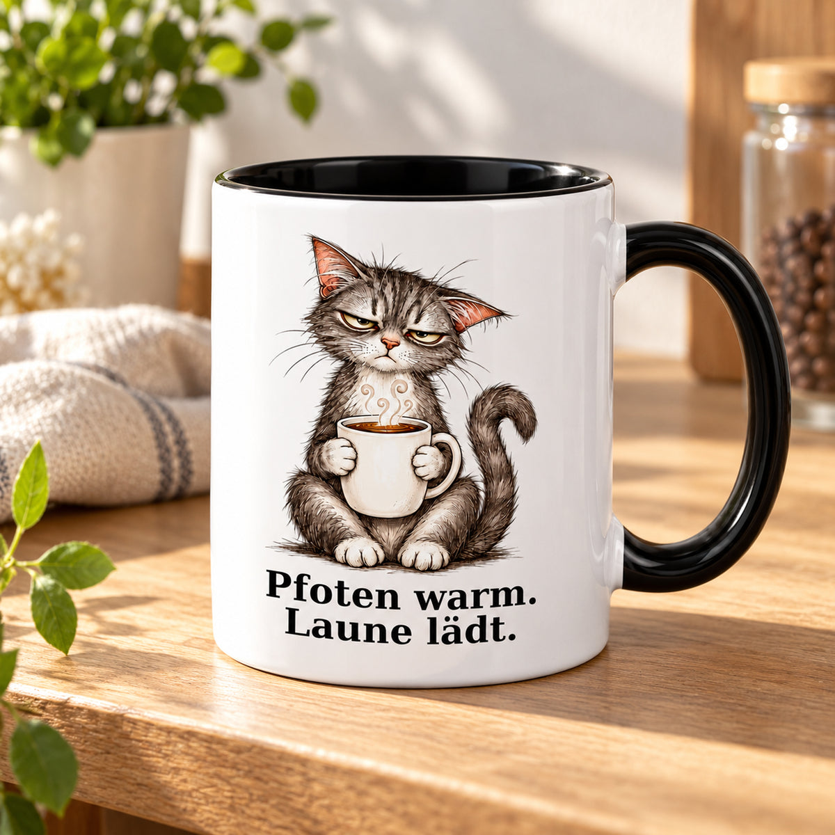 Laune lädt – Kaffeepause: weiße Katzentasse mit schwarzem Henkel und Kaffeespruch