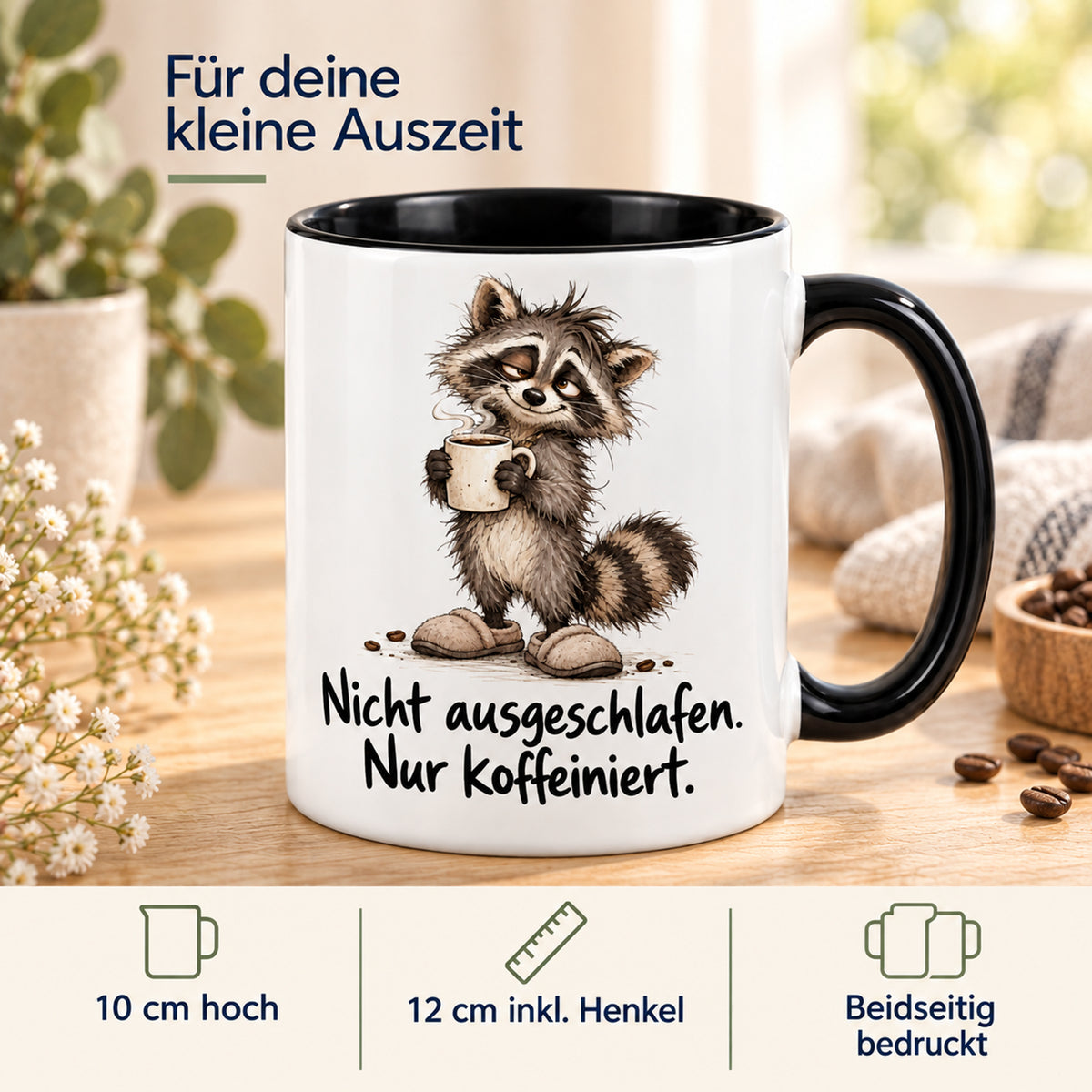 Waschbär-Tasse Morgenstart, Ansicht 4, weiß mit schwarzem Henkel und schwarzer Innenseite