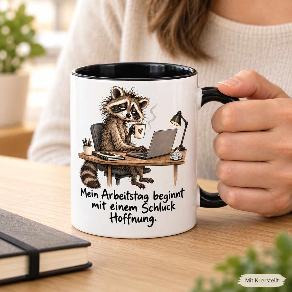 Waschbär-Tasse Bürostart, Ansicht 7, weiß mit schwarzem Henkel und schwarzer Innenseite