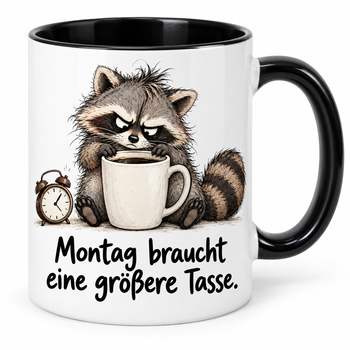 Waschbär-Tasse Montag, Ansicht 1, weiß mit schwarzem Henkel und schwarzer Innenseite