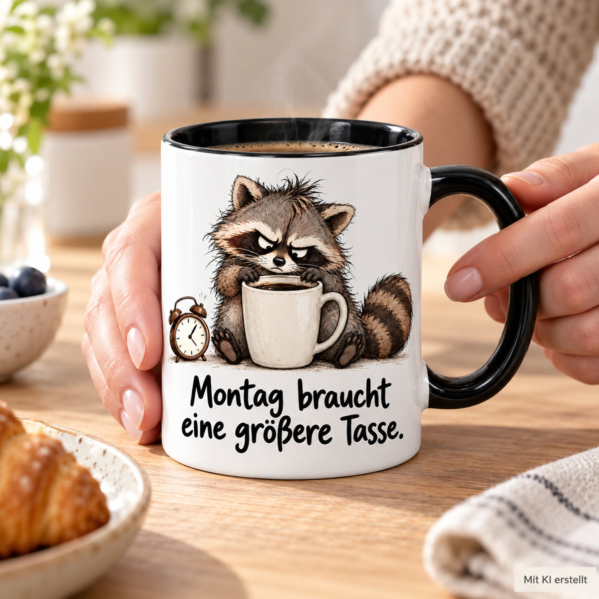 Waschbär-Tasse Montag, Ansicht 7, weiß mit schwarzem Henkel und schwarzer Innenseite