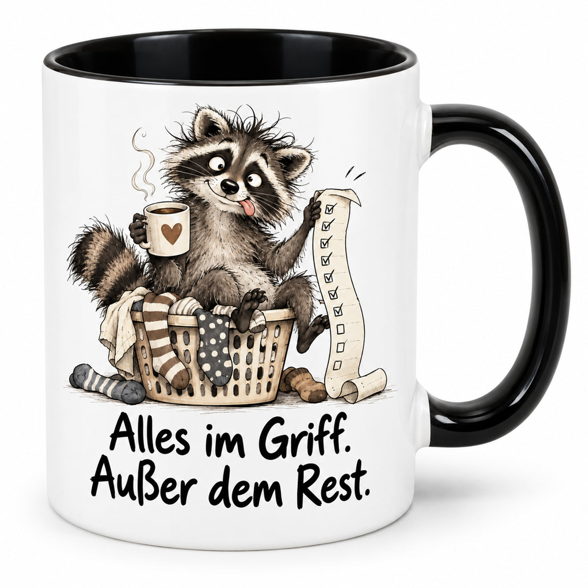Waschbär-Tasse Alltagschaos, Ansicht 1, weiß mit schwarzem Henkel und schwarzer Innenseite