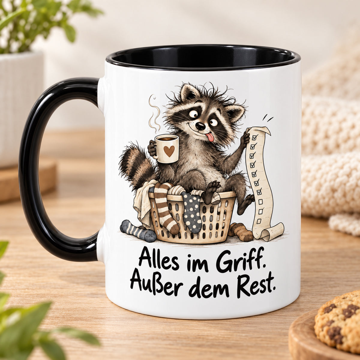 Waschbär-Tasse Alltagschaos, Ansicht 2, weiß mit schwarzem Henkel und schwarzer Innenseite