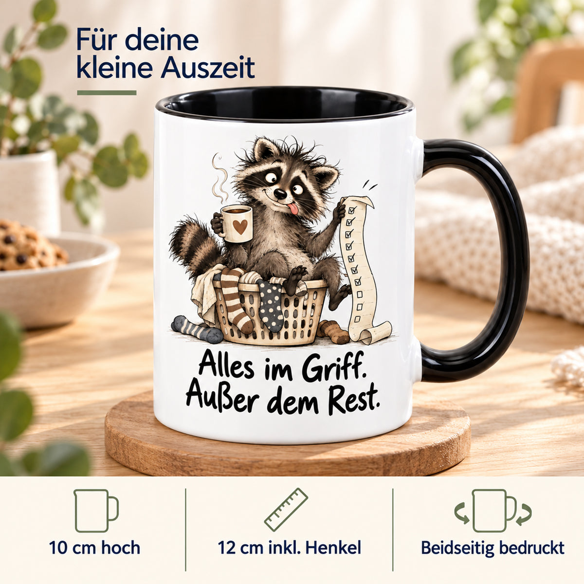 Waschbär-Tasse Alltagschaos, Ansicht 4, weiß mit schwarzem Henkel und schwarzer Innenseite