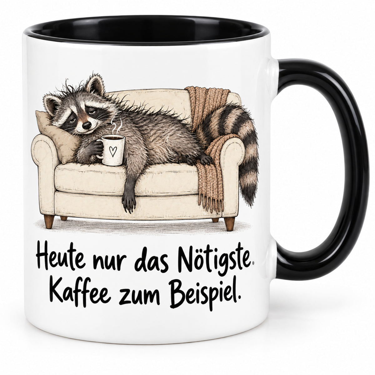 Waschbär-Tasse Überlebensmodus, Ansicht 1, weiß mit schwarzem Henkel und schwarzer Innenseite