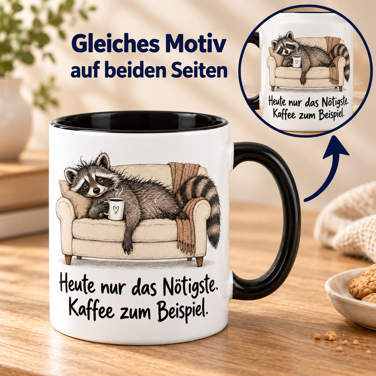 Waschbär-Tasse Überlebensmodus, Ansicht 6, weiß mit schwarzem Henkel und schwarzer Innenseite