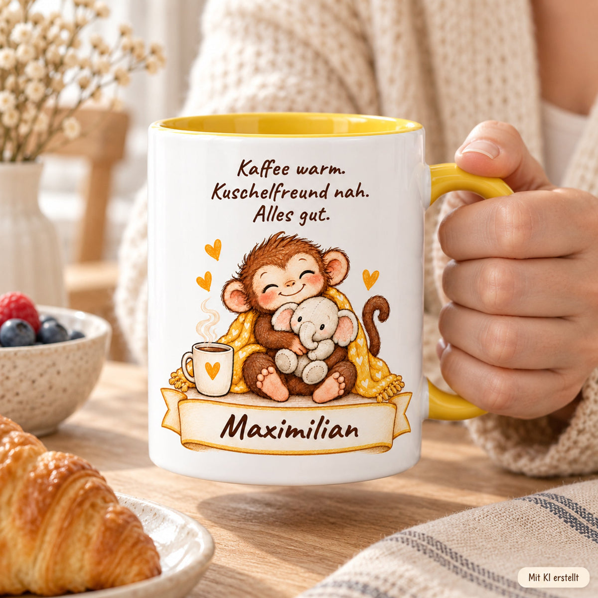 Nutzung mit Händen: gelbe personalisierte Tasse mit Baby-Affe, Motiv Kuschelfreund Elefant, Beispielname Maximilian