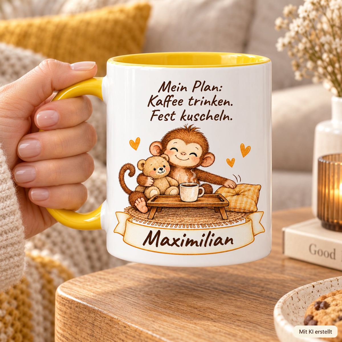 Nutzung mit Händen: gelbe personalisierte Tasse mit Baby-Affe, Motiv Kaffee und Kuscheln, Beispielname Maximilian