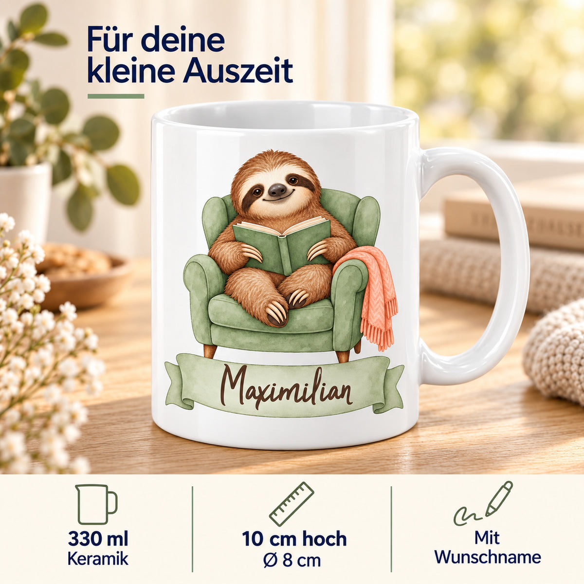 Faultier-Tasse Lesepause – Größe und Farben