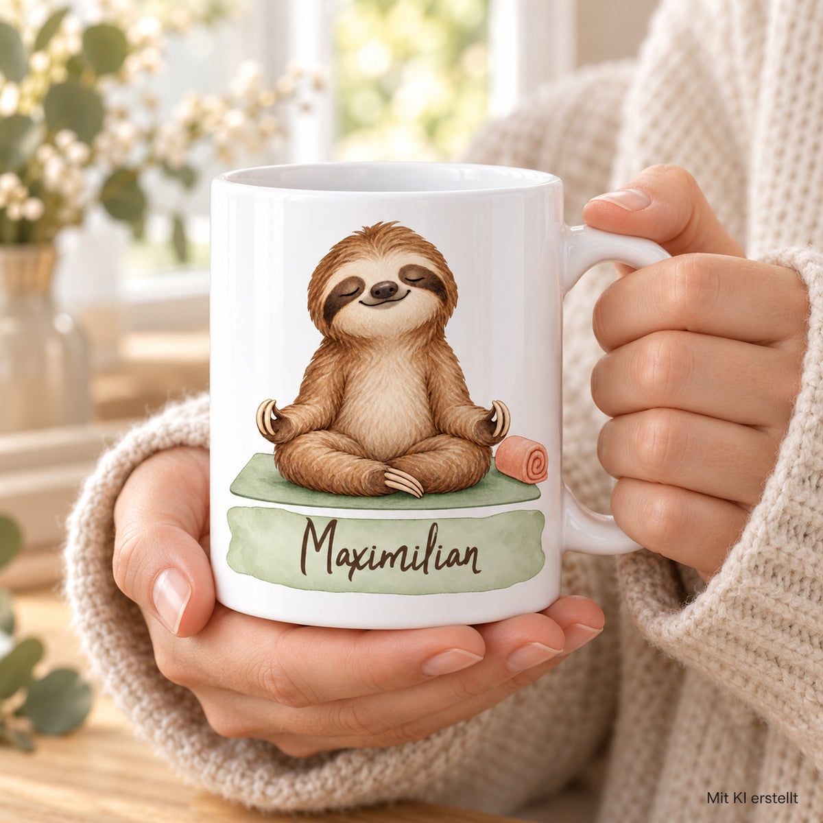 Faultier-Tasse Yoga-Auszeit – Tasse in Händen KI-Beispiel