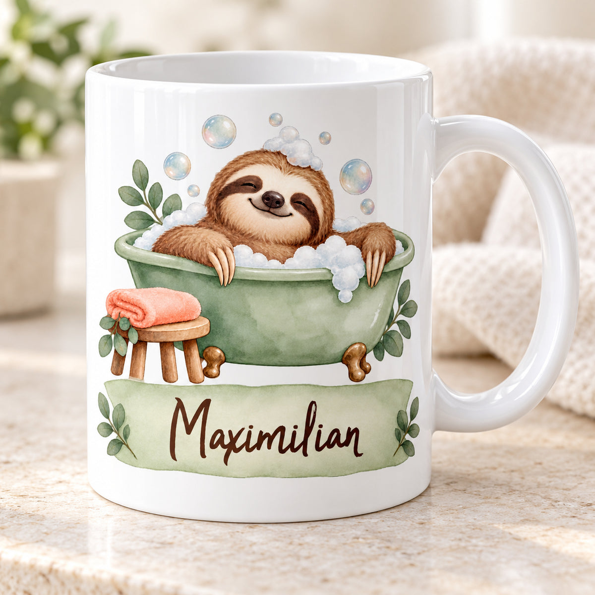 Personalisierte weiße Faultier-Tasse Schaumbad mit dem Namen Maximilian