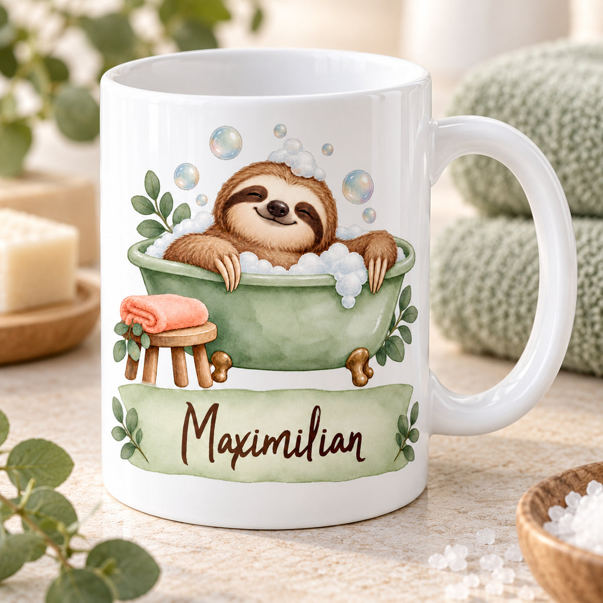 Faultier-Tasse Schaumbad – Henkelansicht