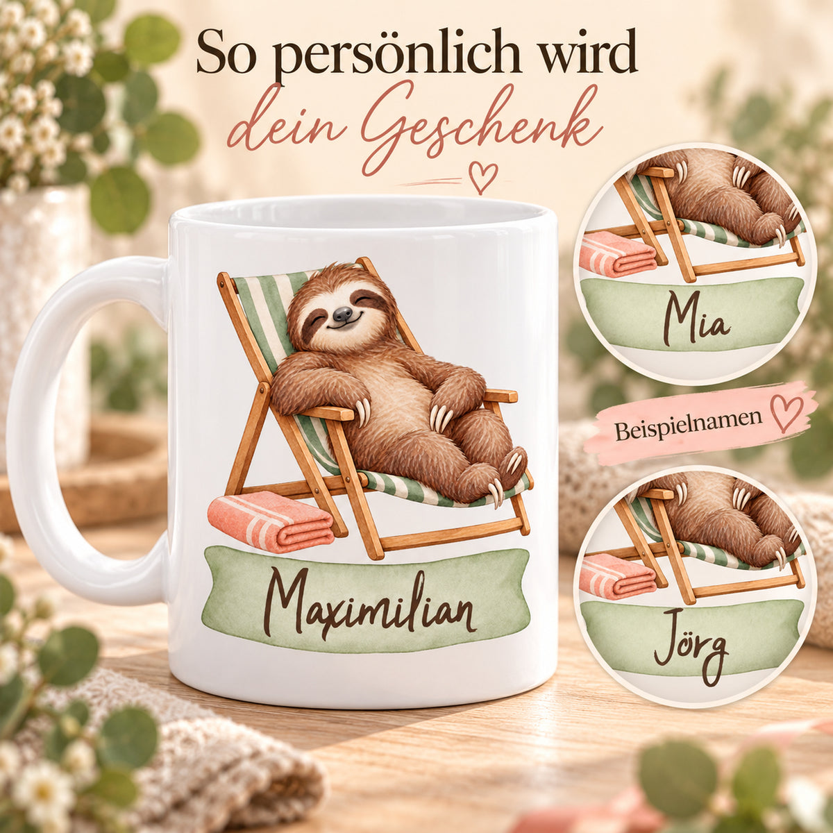 Faultier-Tasse Entspannt im Liegestuhl – Beispielnamen Mia Jörg und Maximilian