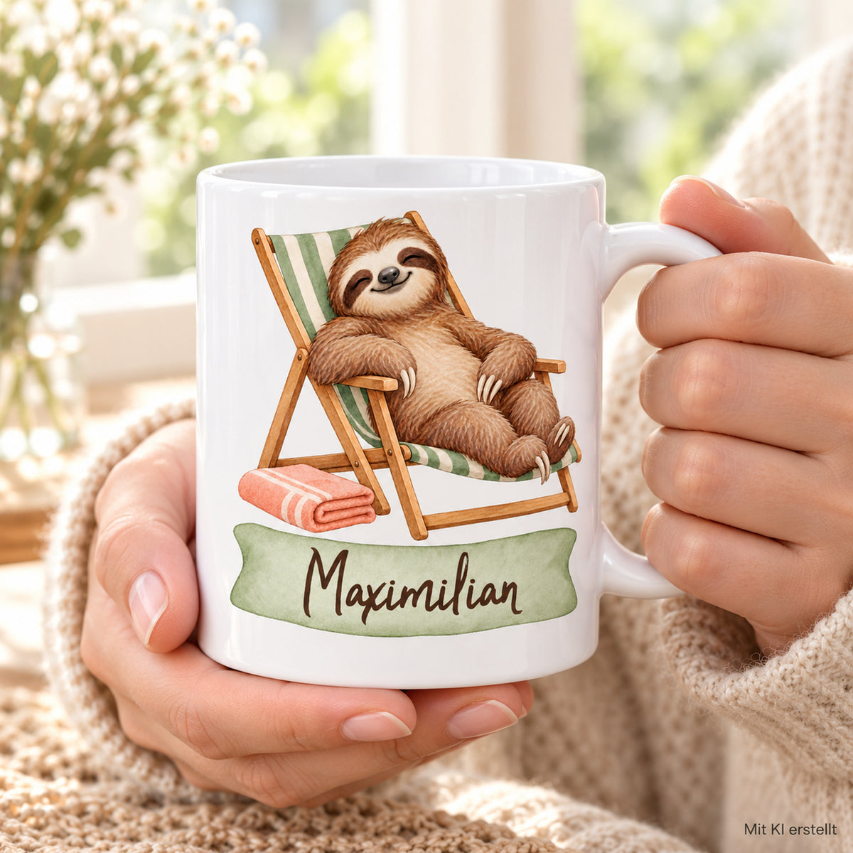 Faultier-Tasse Entspannt im Liegestuhl – Tasse in Händen KI-Beispiel