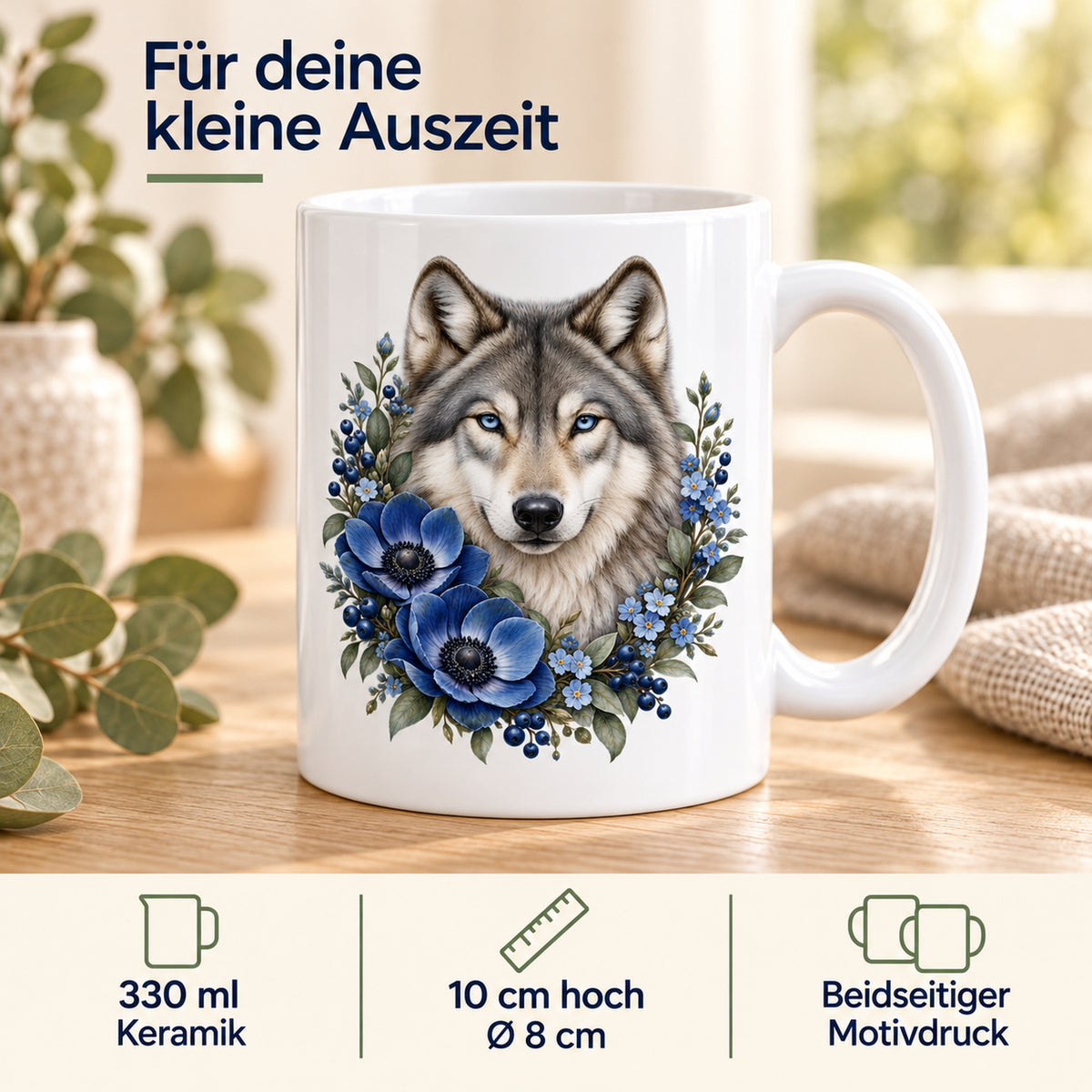 Weiße Wolf-Tasse Blauer Blütenzauber mit blauen Blumen – Produktdetails