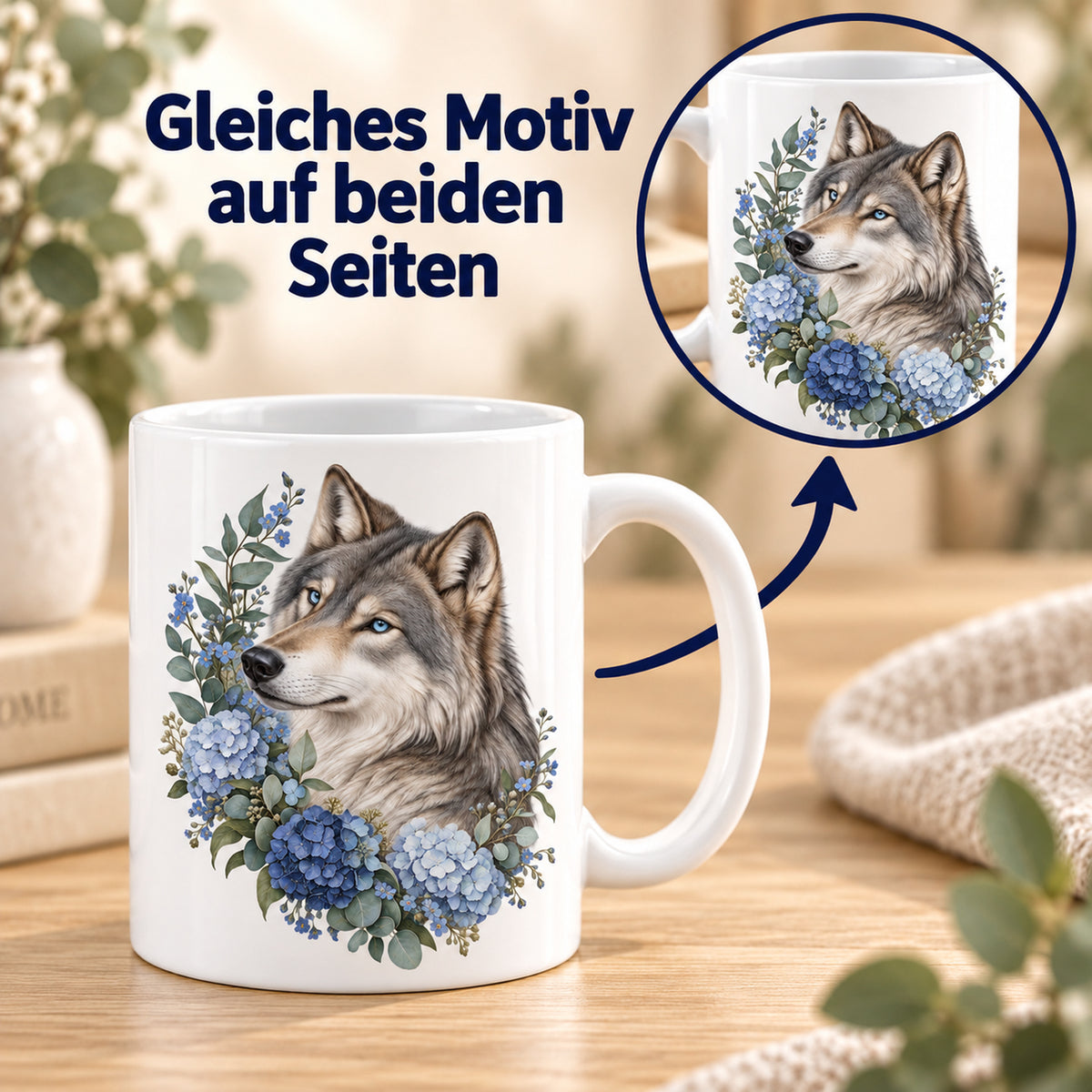 Weiße Wolf-Tasse Waldblau mit blauen Blumen – Beidseitiger Druck