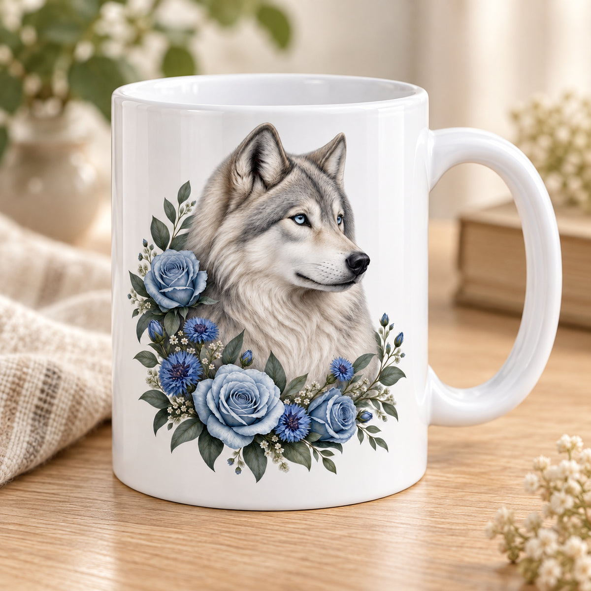 Weiße Wolf-Tasse Nordlichtblüten mit blauen Blumen – Detail des Wolfmotivs