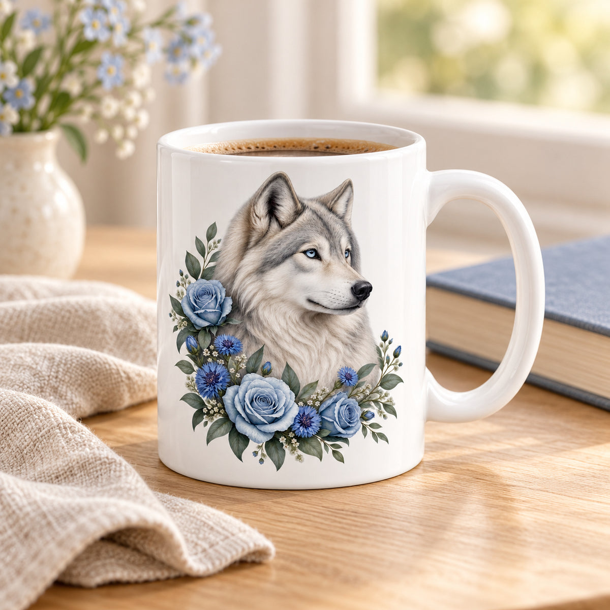Weiße Wolf-Tasse Nordlichtblüten mit blauen Blumen – Tasse bei einer Kaffeepause
