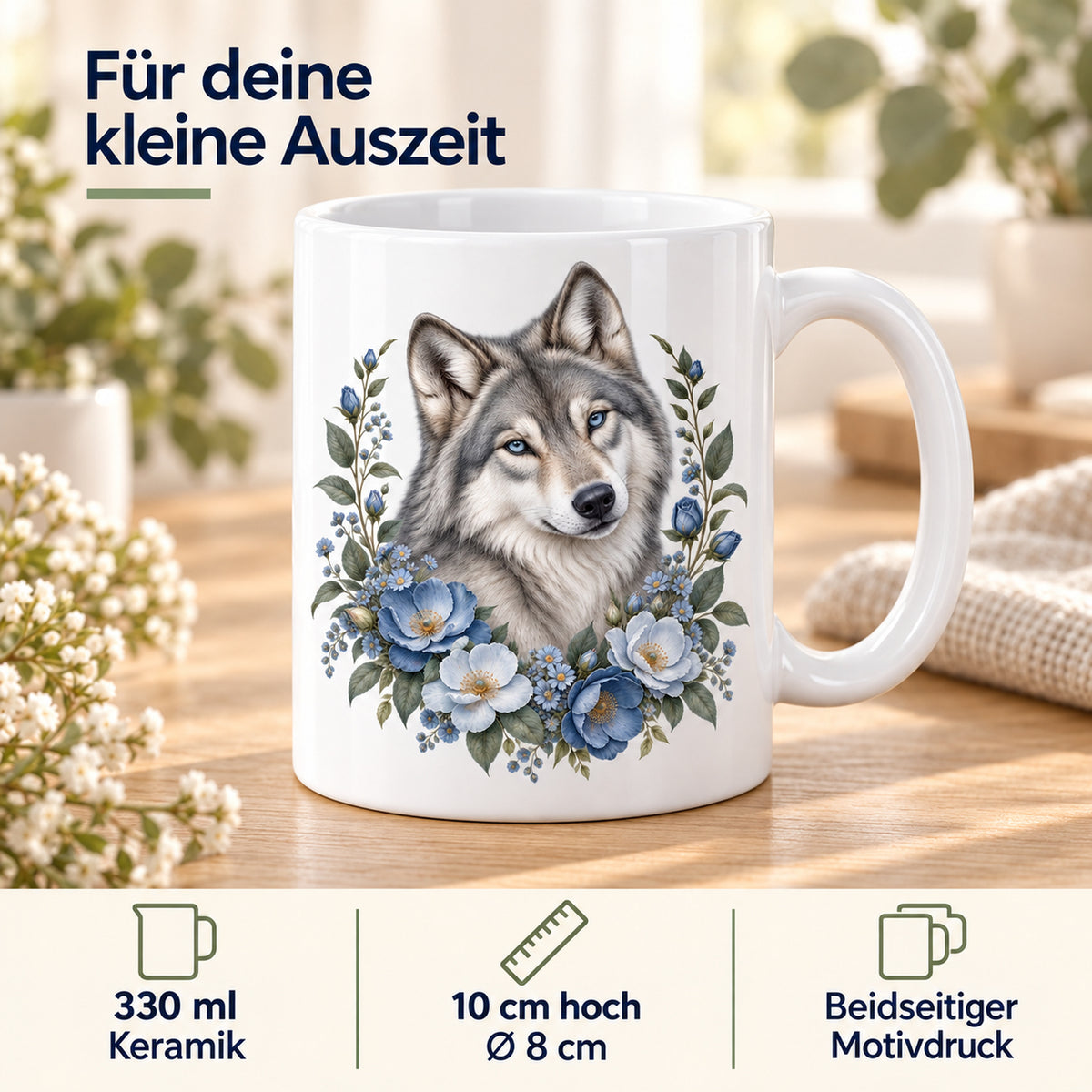 Weiße Wolf-Tasse Sanfter Blumenblick mit blauen Blumen – Produktdetails
