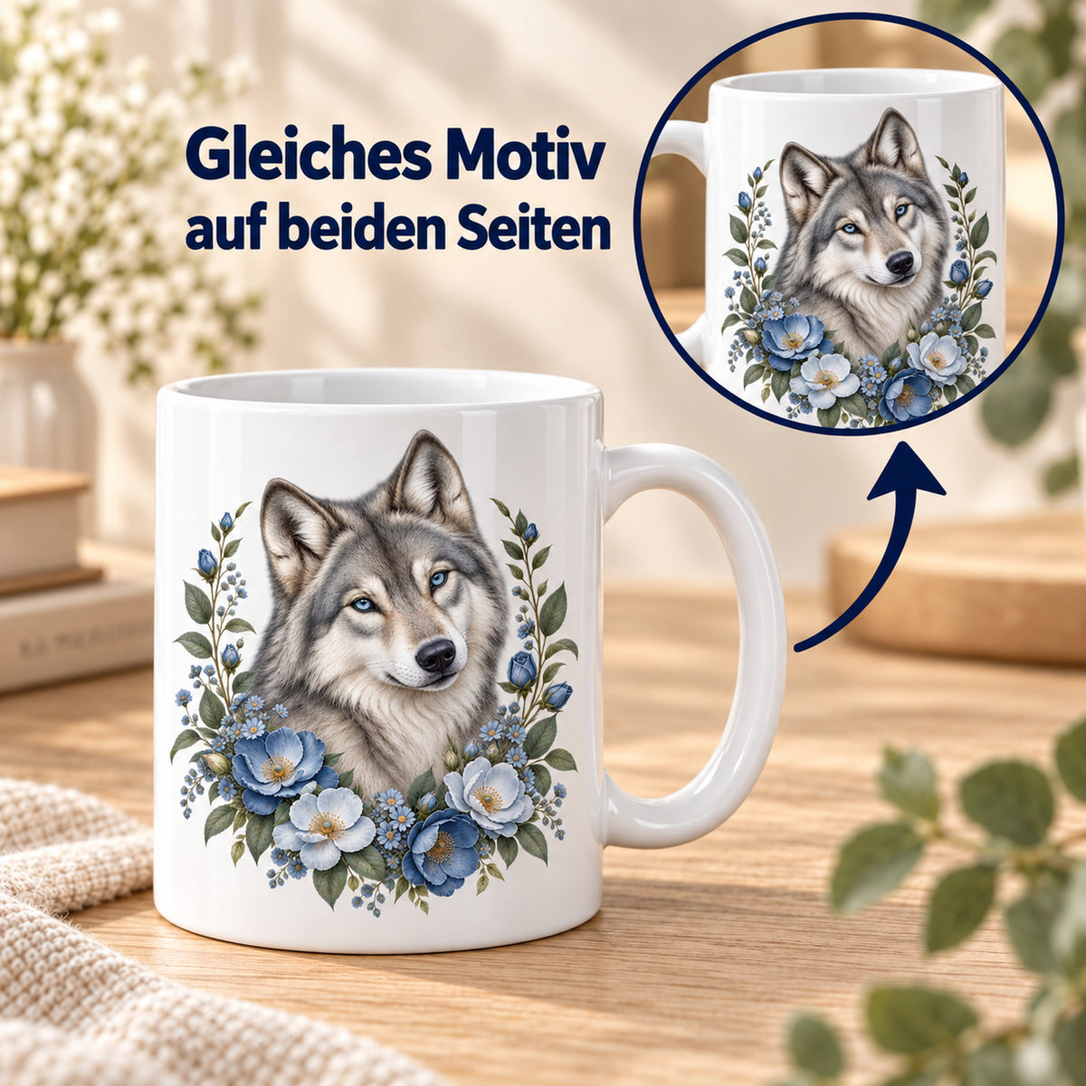 Weiße Wolf-Tasse Sanfter Blumenblick mit blauen Blumen – Beidseitiger Druck
