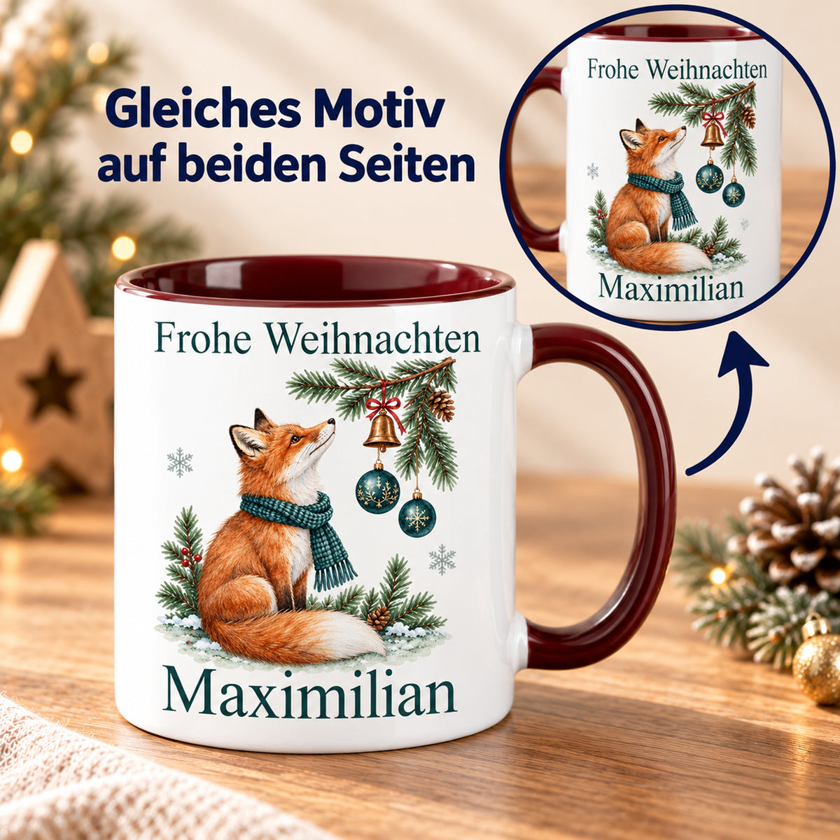 Fuchs – Beidseitiger Druck der personalisierten Weihnachtstasse