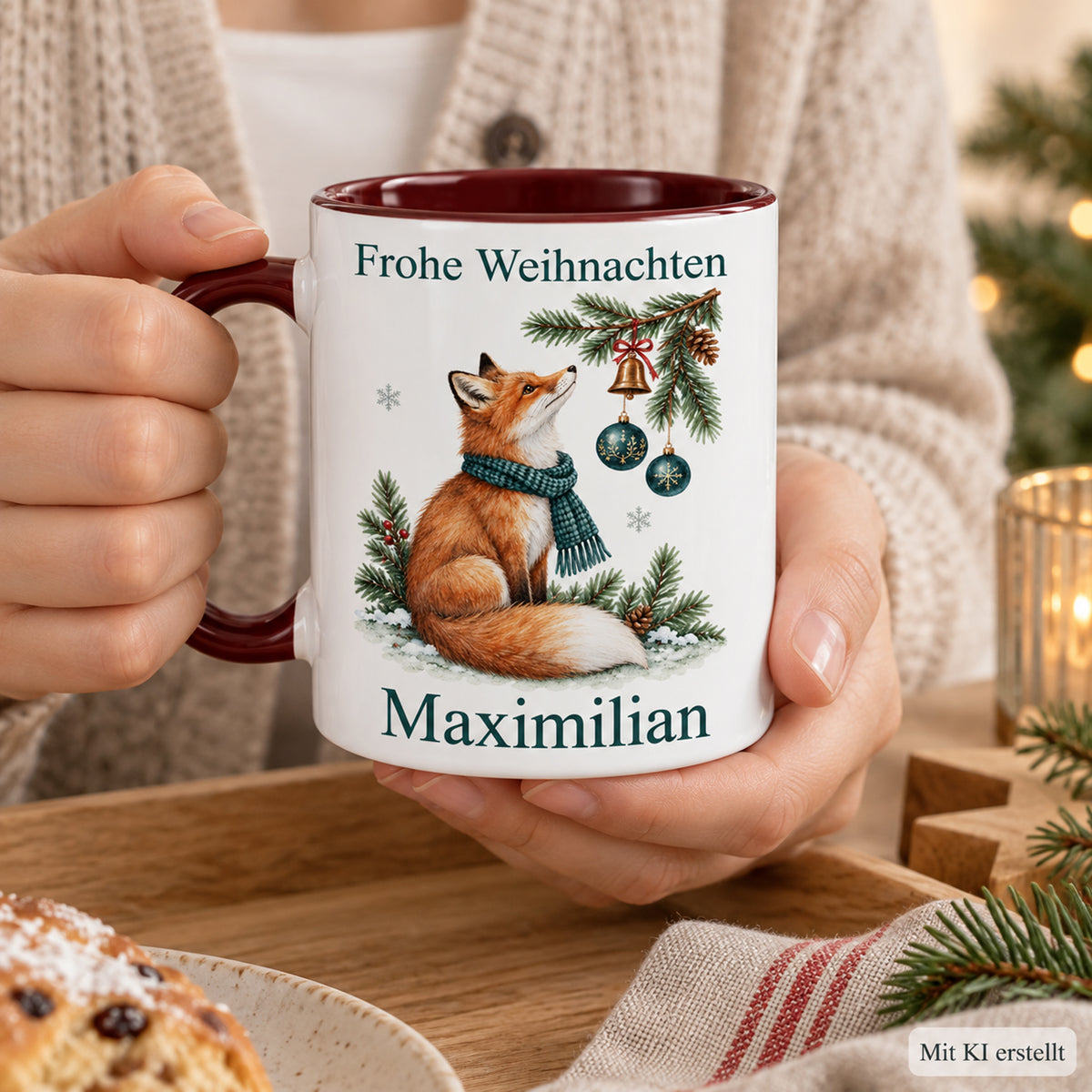 Fuchs – Tasse in Händen der personalisierten Weihnachtstasse