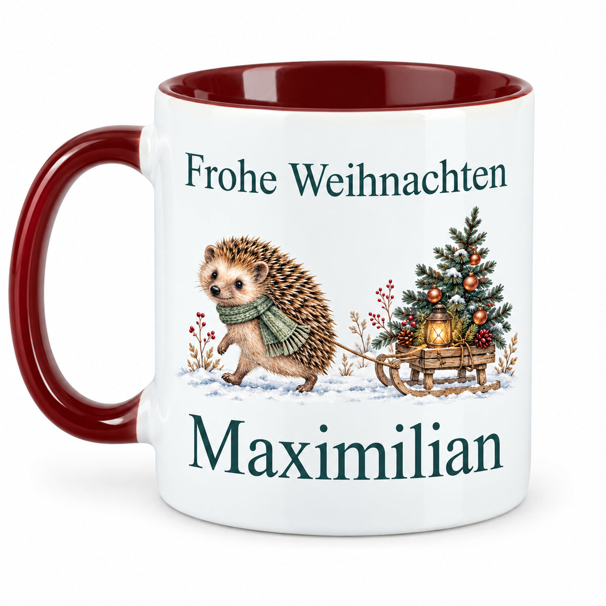 Igel – Rückseite der personalisierten Weihnachtstasse
