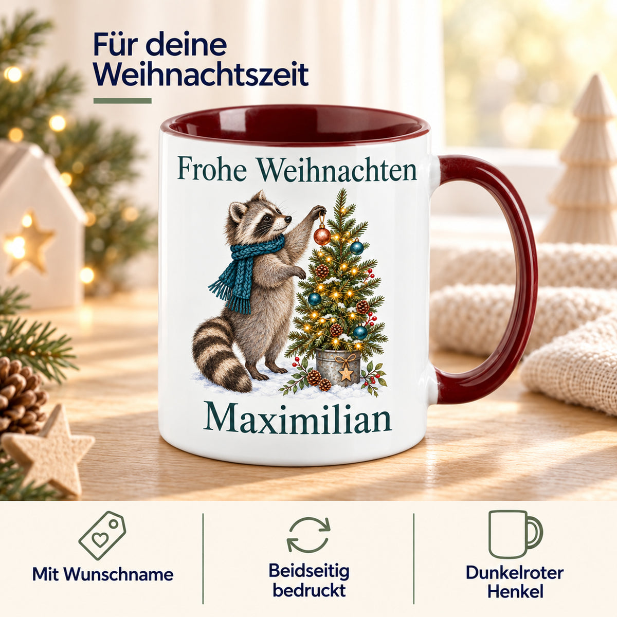 Waschbär – Eigenschaften der personalisierten Weihnachtstasse
