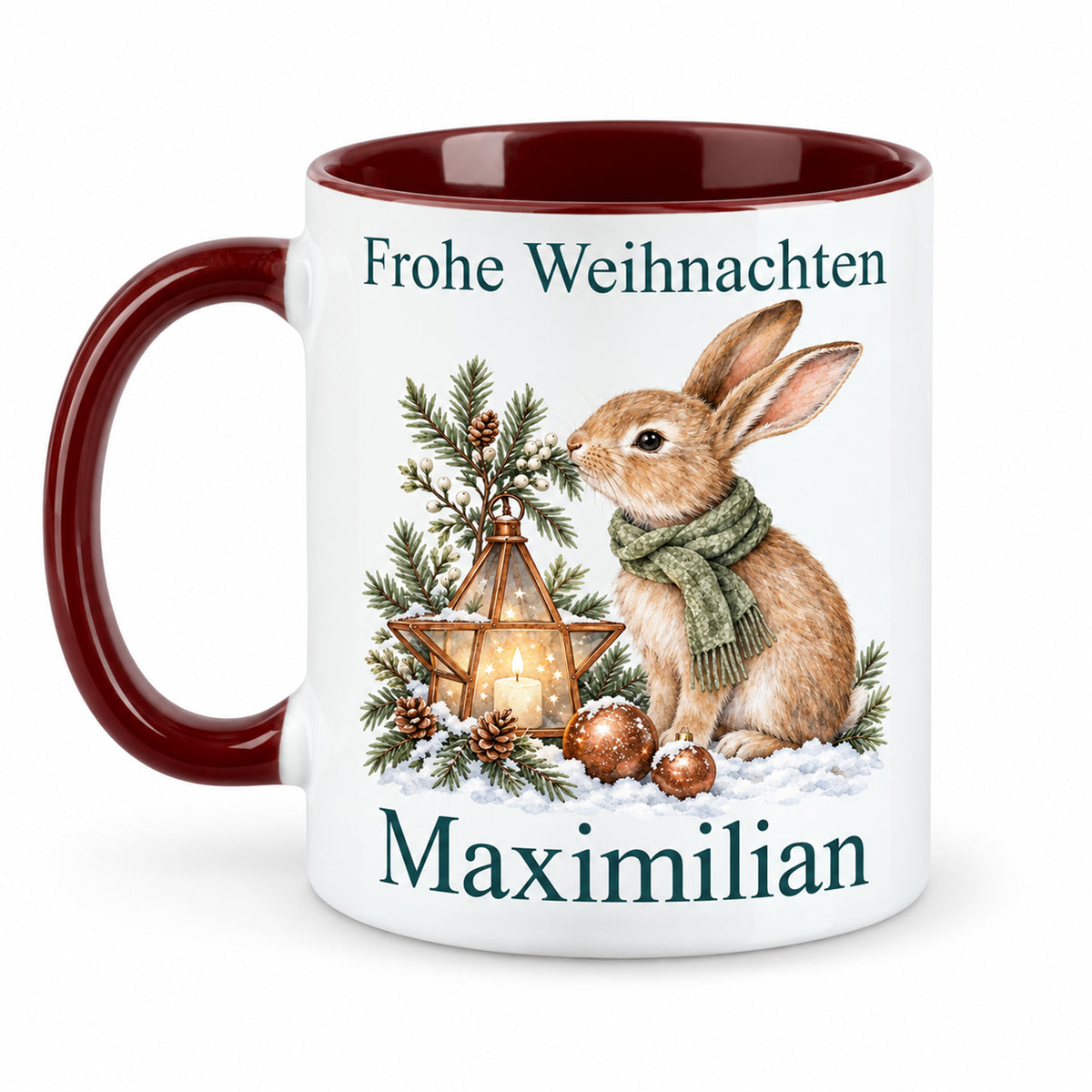 Hase – Rückseite der personalisierten Weihnachtstasse