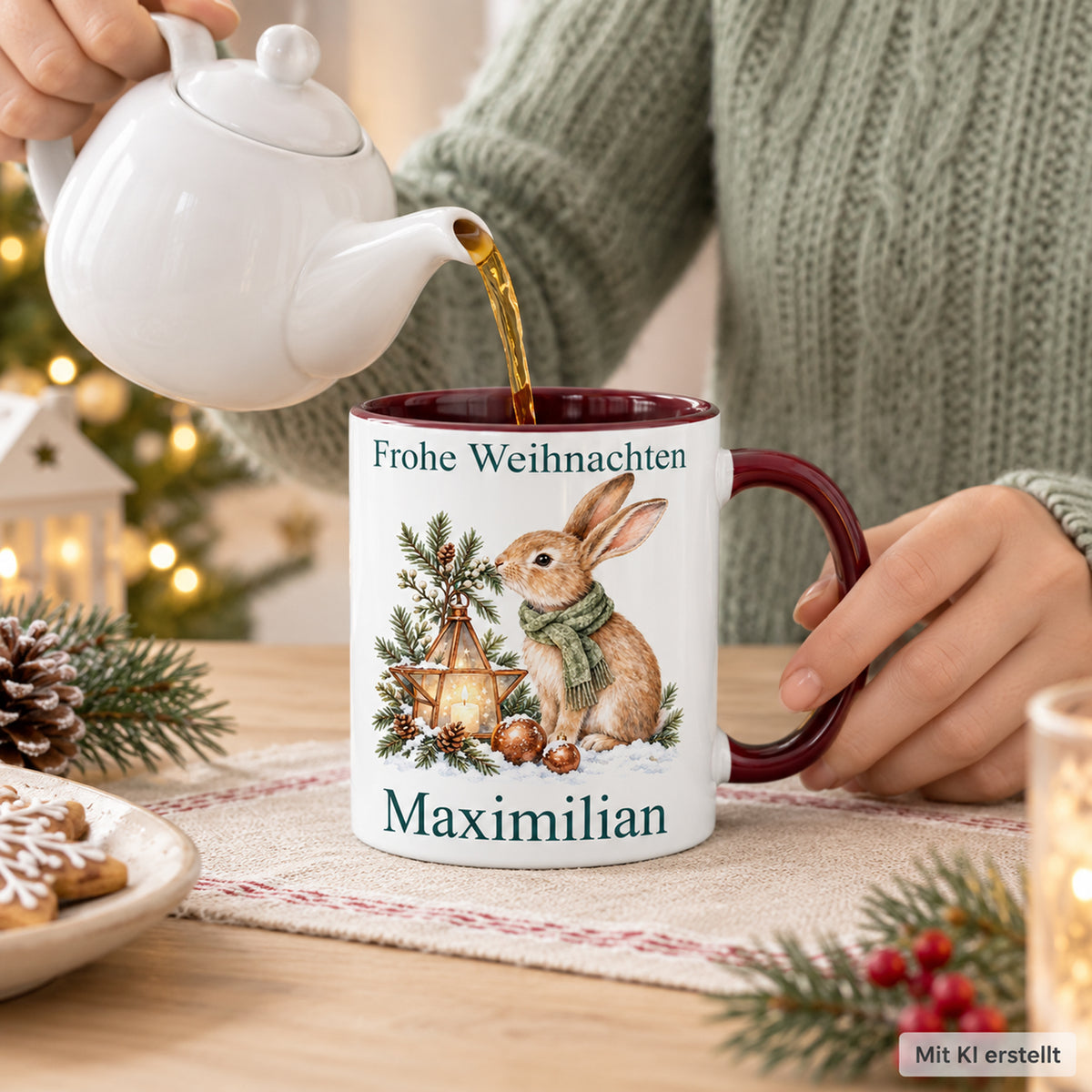 Hase – Tasse in Händen der personalisierten Weihnachtstasse