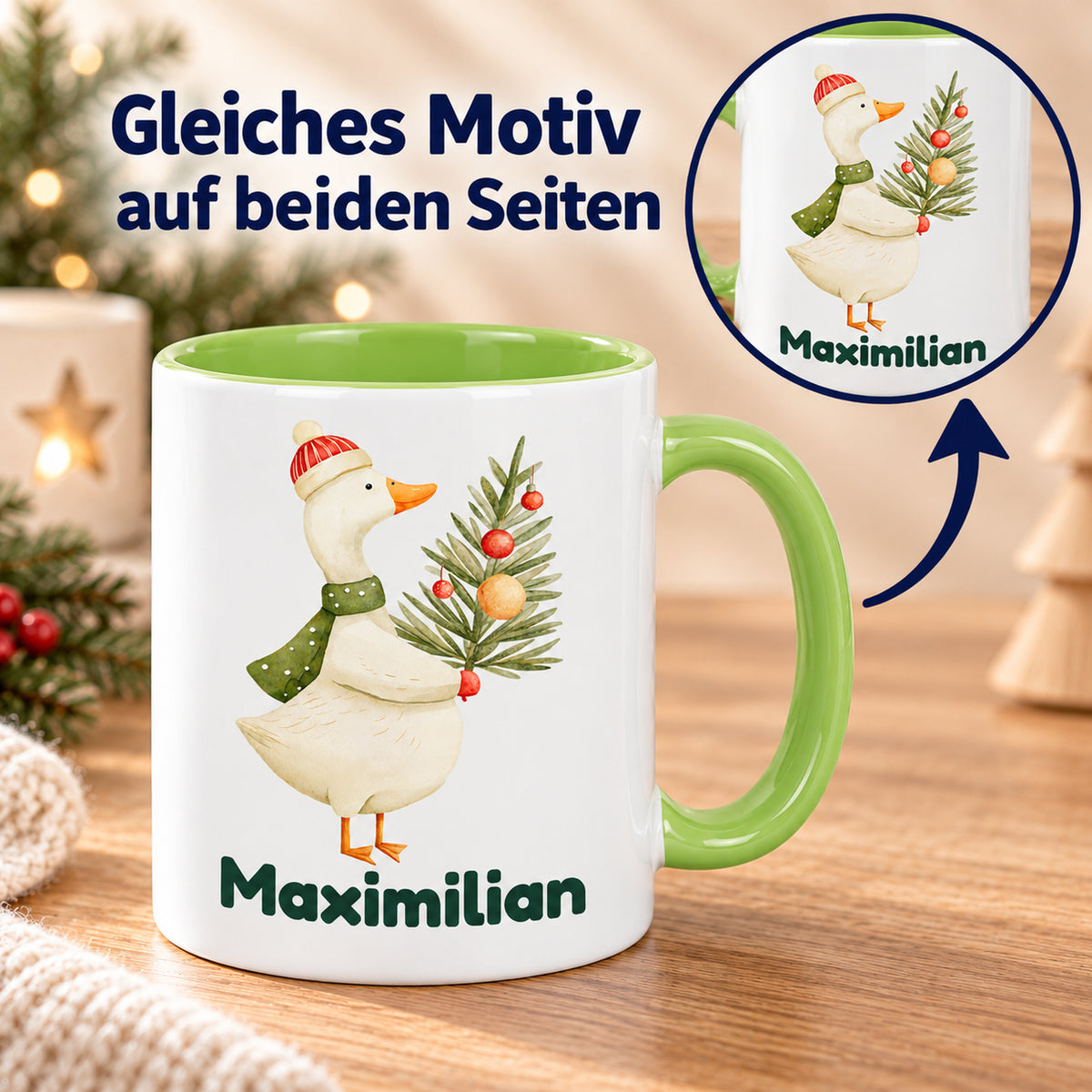 Dasselbe Gänsemotiv und derselbe Beispielname auf beiden Seiten einer hellgrünen Tasse