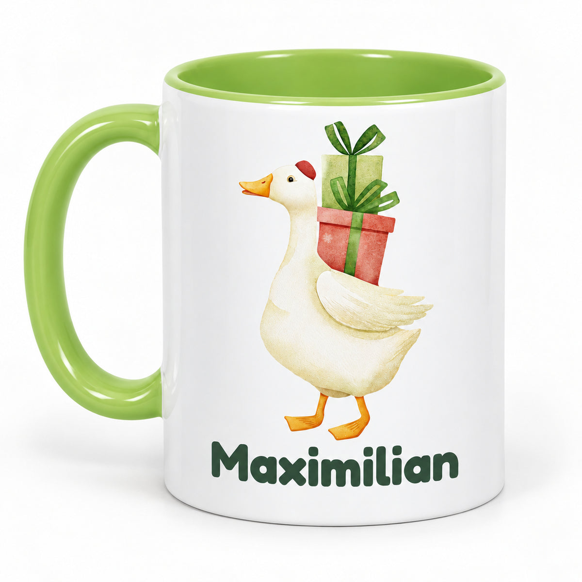 Rückansicht derselben hellgrünen Tasse mit Gans mit Geschenken und Beispielname Maximilian