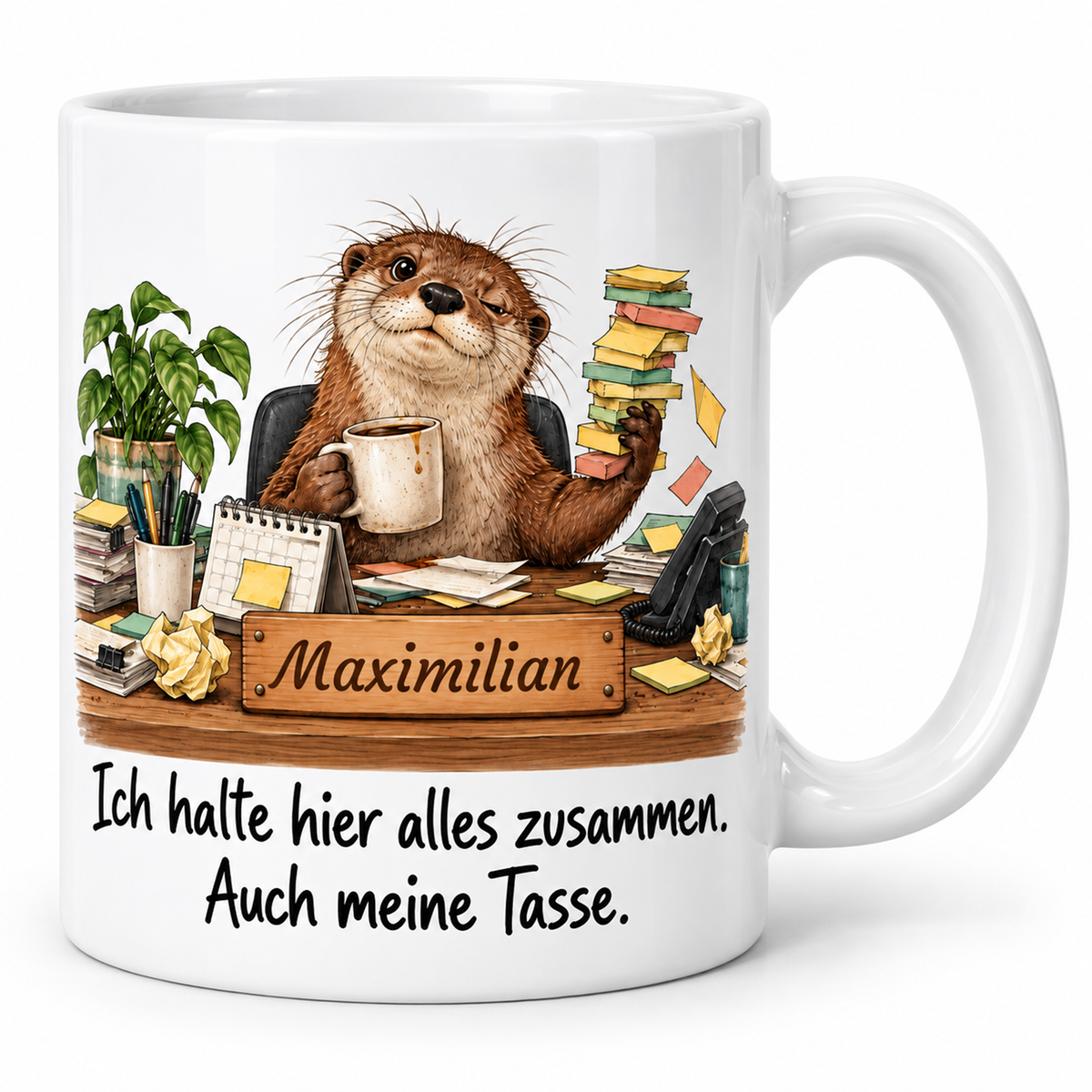 Büroassistenz: weiße Tasse mit Otter-Berufsmotiv, Spruch und Beispielname Maximilian – Hauptansicht