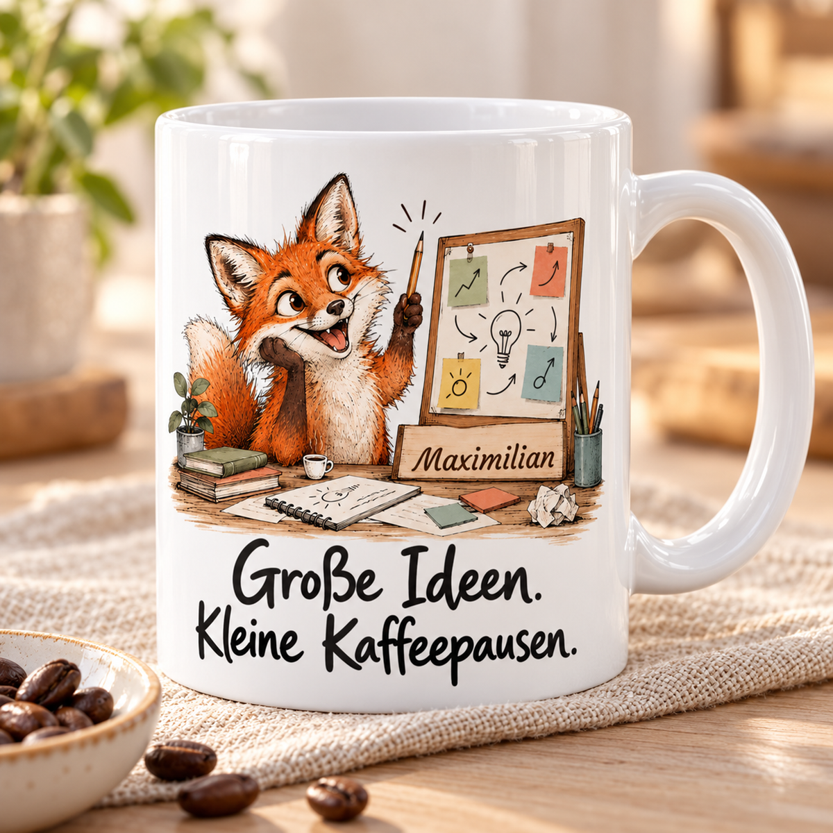 Marketing: weiße Tasse mit Fuchs-Berufsmotiv, Spruch und Beispielname Maximilian – Schrägansicht