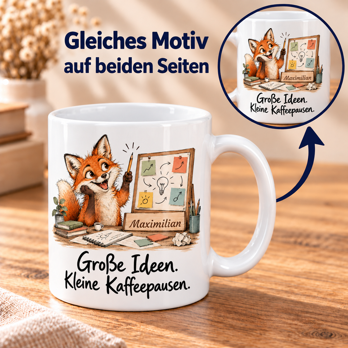 Marketing: weiße Tasse mit Fuchs-Berufsmotiv, Spruch und Beispielname Maximilian – beidseitiger Druck