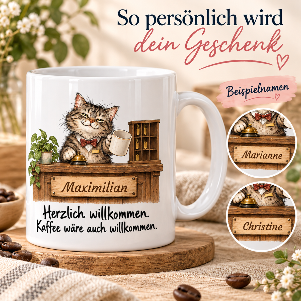 Empfang: weiße Tasse mit Katze-Berufsmotiv, Spruch und Beispielname Maximilian – Personalisierungsbeispiele