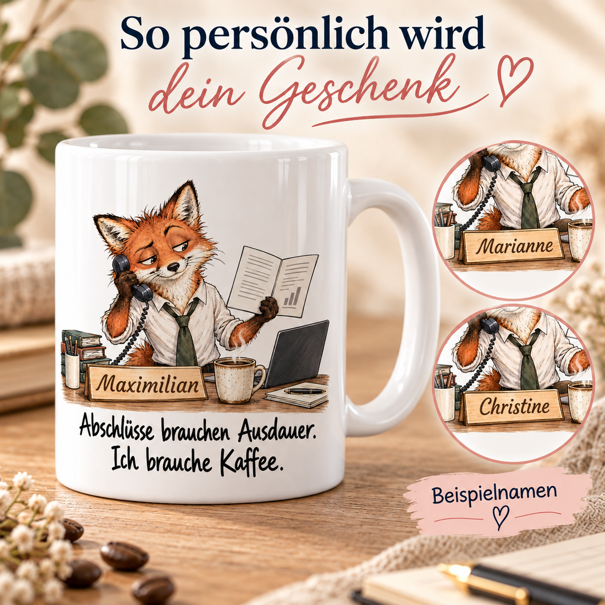 Vertrieb: weiße Tasse mit Fuchs-Berufsmotiv, Spruch und Beispielname Maximilian – Personalisierungsbeispiele
