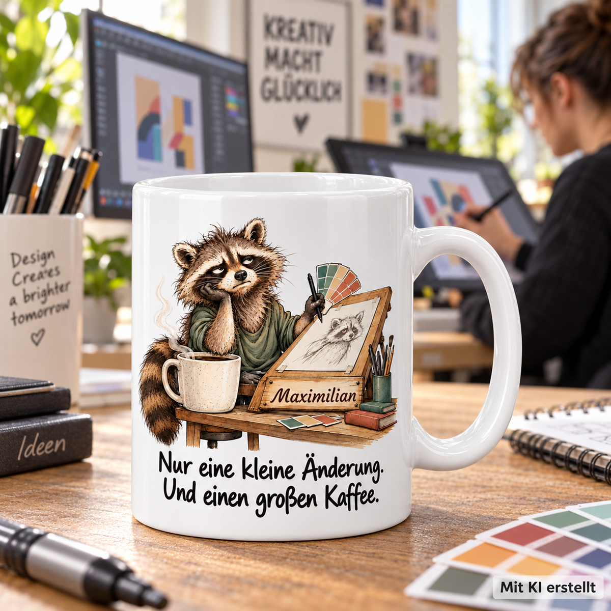 Personalisierte Grafikdesign-Tasse mit Tiermotiv und Wunschname auf einer Arbeitsfläche; passende Berufsszene mit arbeitender Person unscharf im Hintergrund. Mit KI erstellt.