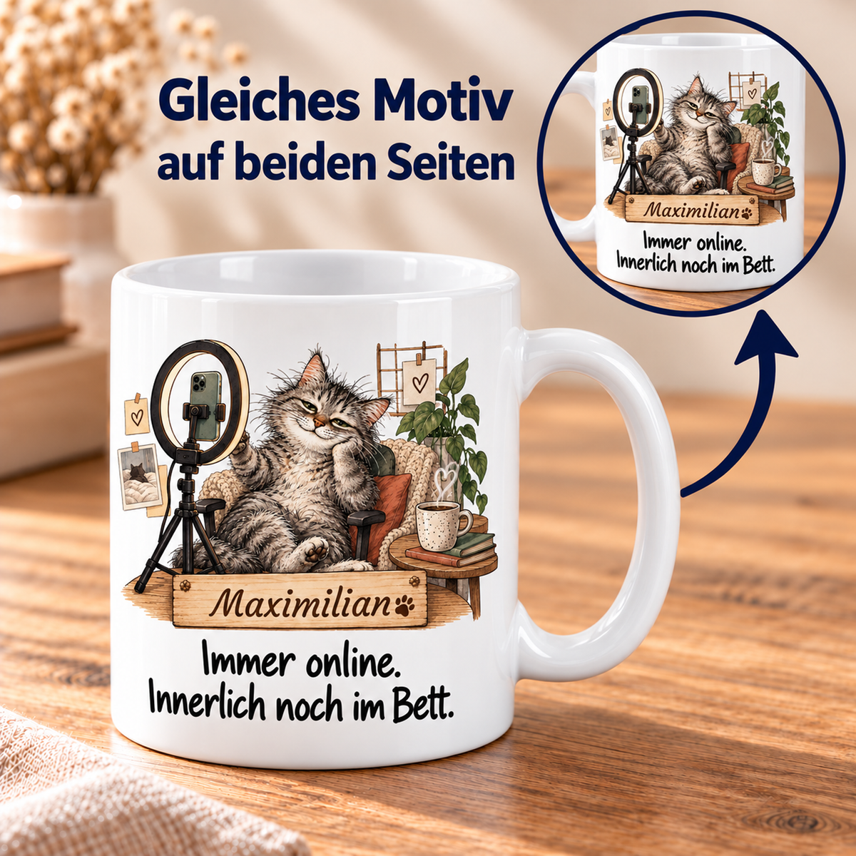 Social Media: weiße Tasse mit Katze-Berufsmotiv, Spruch und Beispielname Maximilian – beidseitiger Druck
