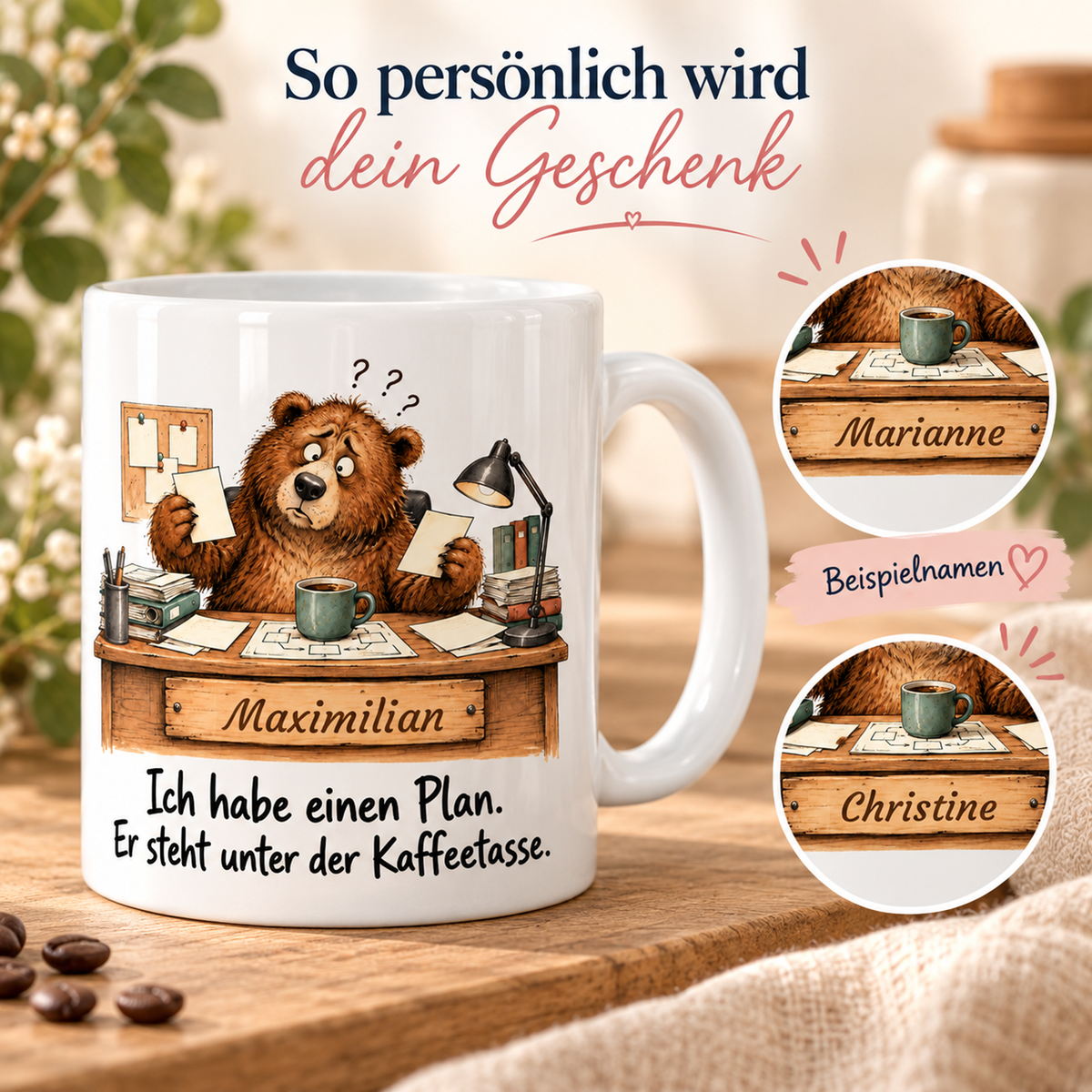 Teamleitung: weiße Tasse mit Bär-Berufsmotiv, Spruch und Beispielname Maximilian – Personalisierungsbeispiele