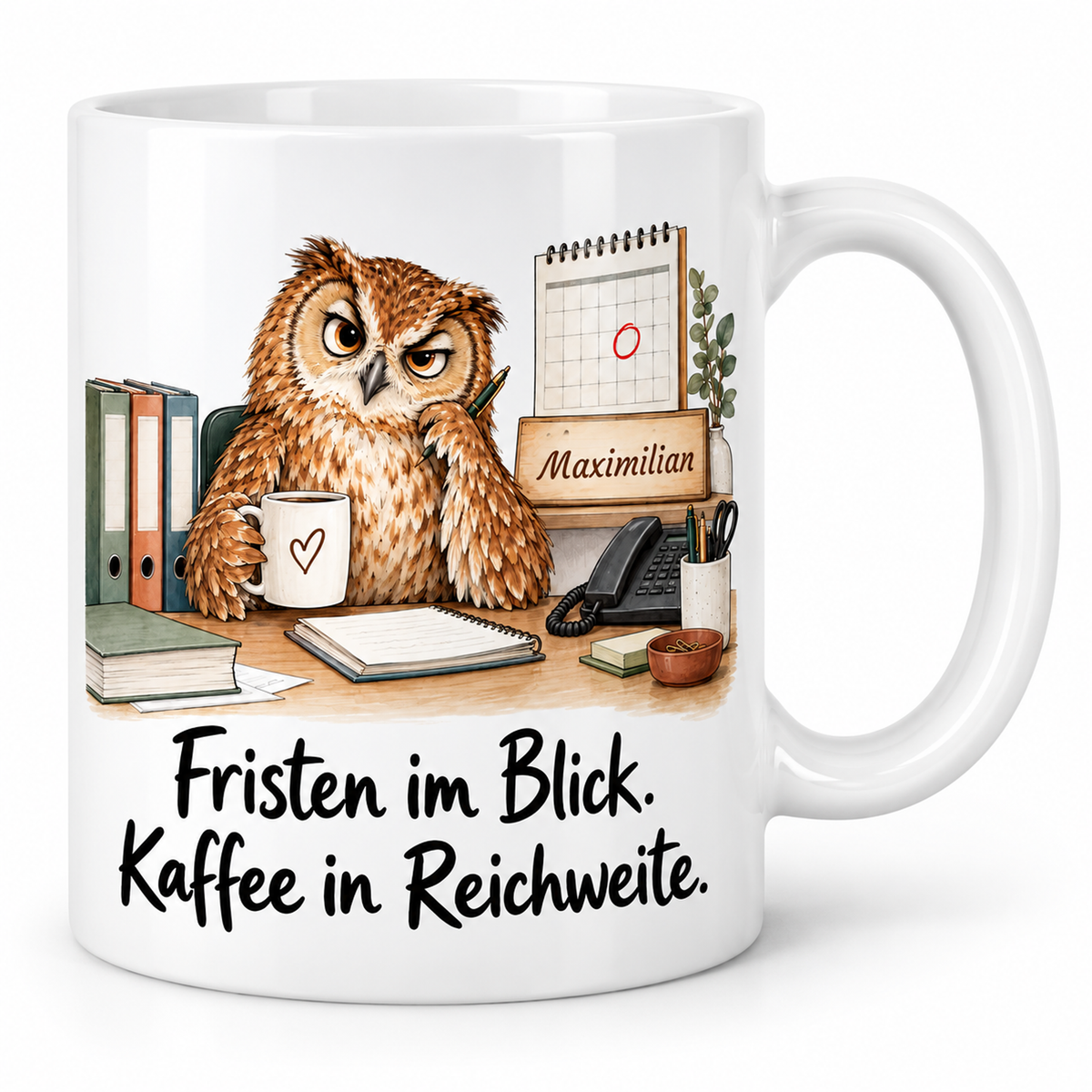 Rechtskanzlei: weiße Tasse mit Eule-Berufsmotiv, Spruch und Beispielname Maximilian – Hauptansicht