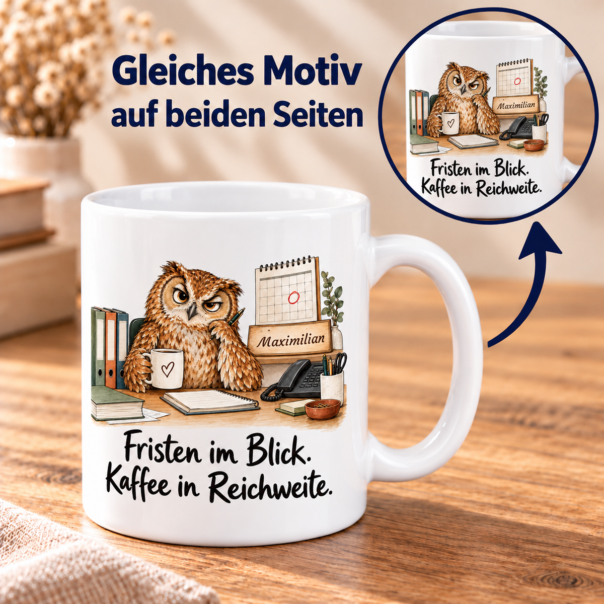 Rechtskanzlei: weiße Tasse mit Eule-Berufsmotiv, Spruch und Beispielname Maximilian – beidseitiger Druck