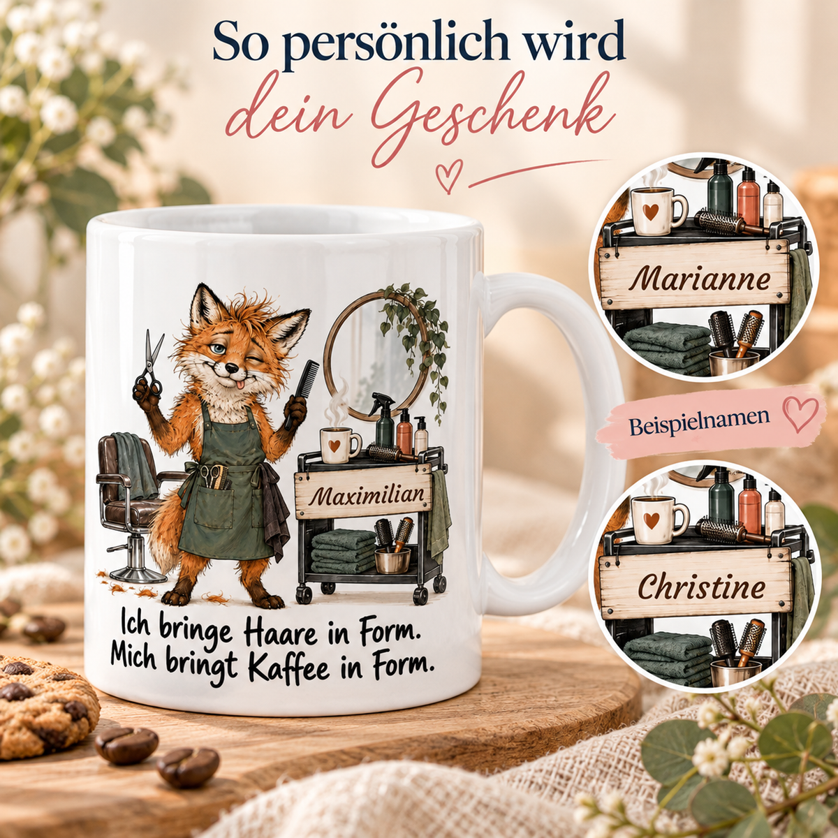 Friseur: weiße Tasse mit Fuchs-Berufsmotiv, Spruch und Beispielname Maximilian – Personalisierungsbeispiele