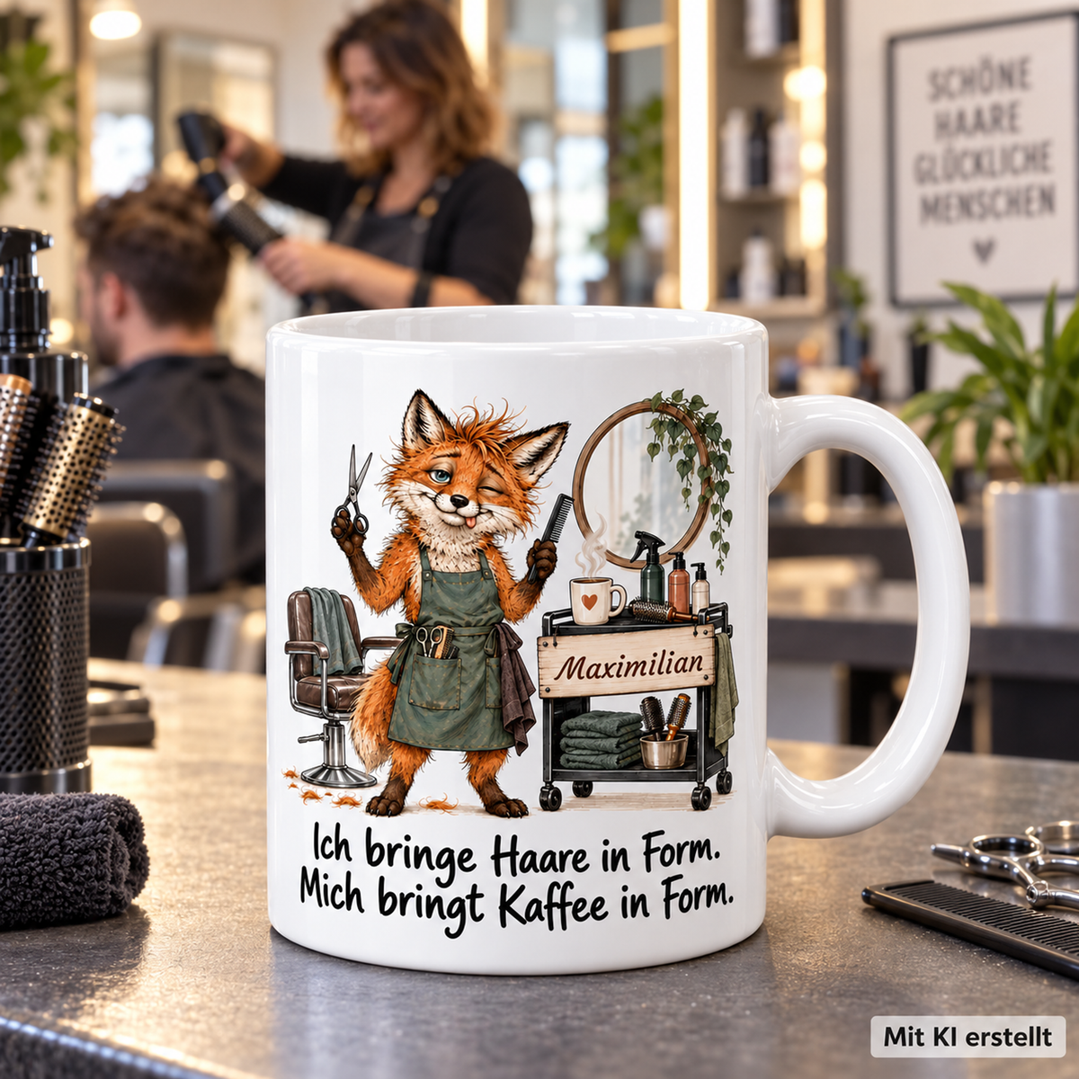 Personalisierte Friseurhandwerk-Tasse mit Tiermotiv und Wunschname auf einer Arbeitsfläche; passende Berufsszene mit arbeitender Person unscharf im Hintergrund. Mit KI erstellt.