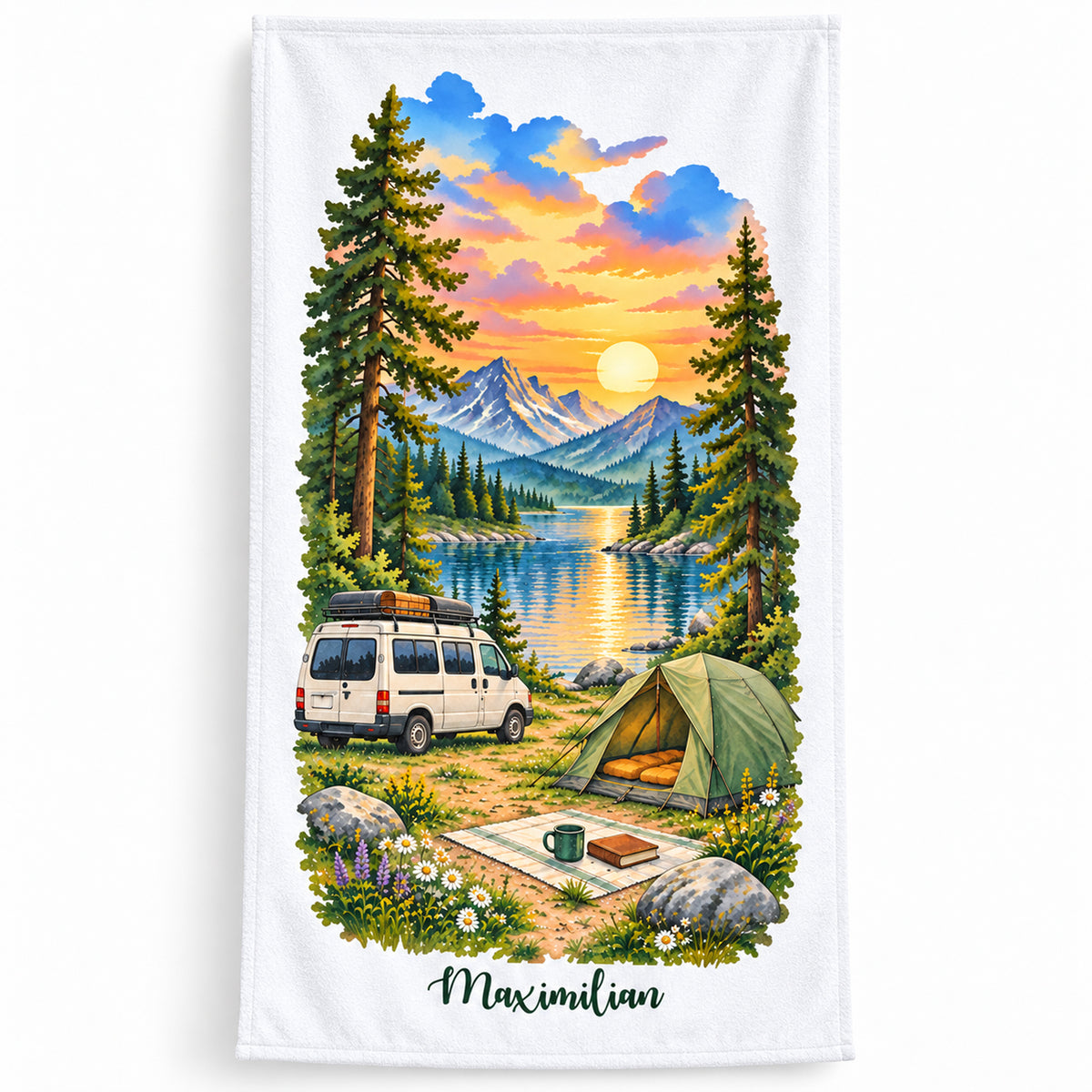 Camping-Handtuch Sonnenuntergang am Bergsee mit Wunschname