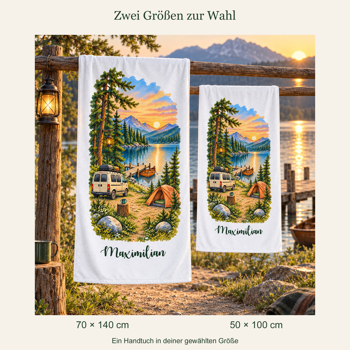 Camping-Handtuch Abendlicht am Steg mit Wunschname – Ansicht 6