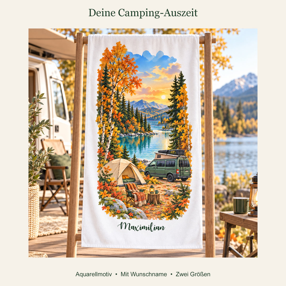 Camping-Handtuch Herbstliche Seebucht mit Wunschname – Ansicht 4