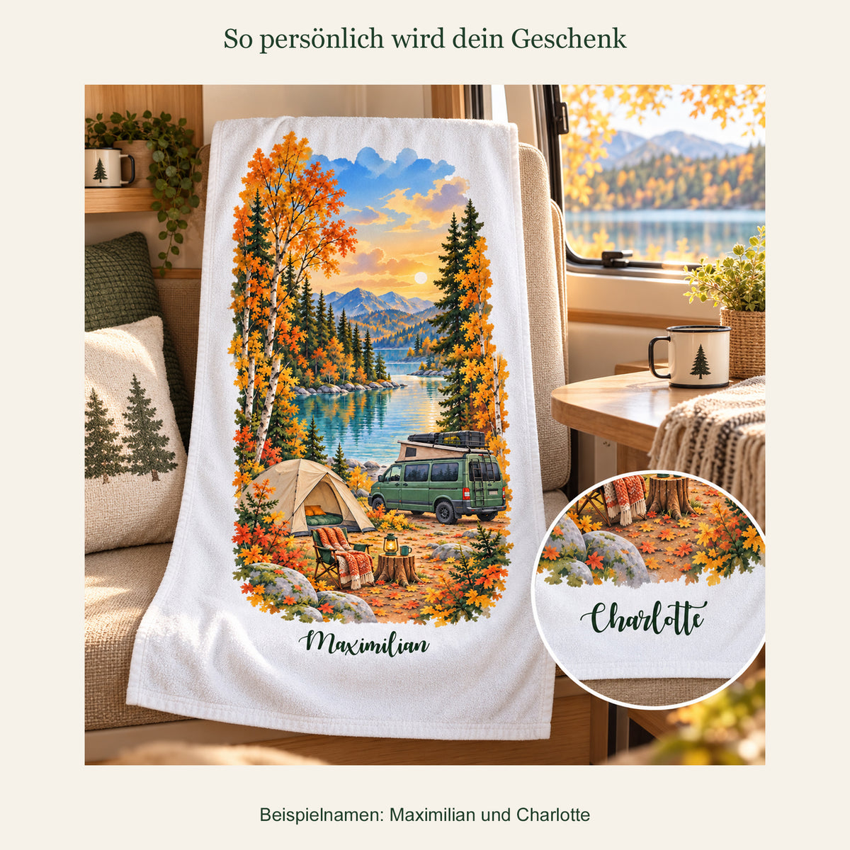 Camping-Handtuch Herbstliche Seebucht mit Wunschname – Ansicht 5